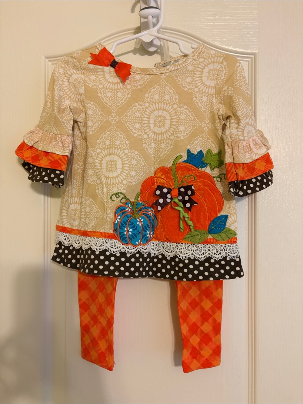 Rare Editions Cream and Orange Pumpkin Tunic with Plaid Leggings
